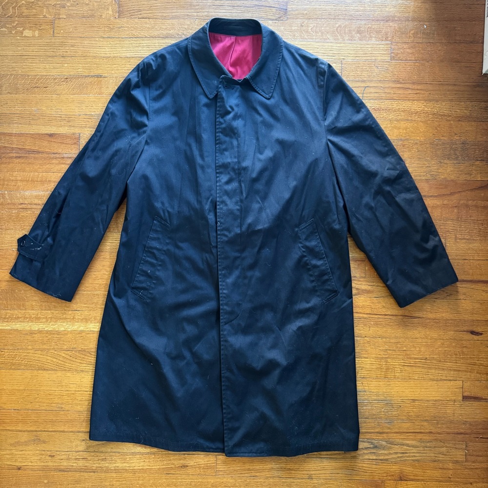 London Fog Men's Black‎ Trench Coat Reversible Red Lining Size 44 REG